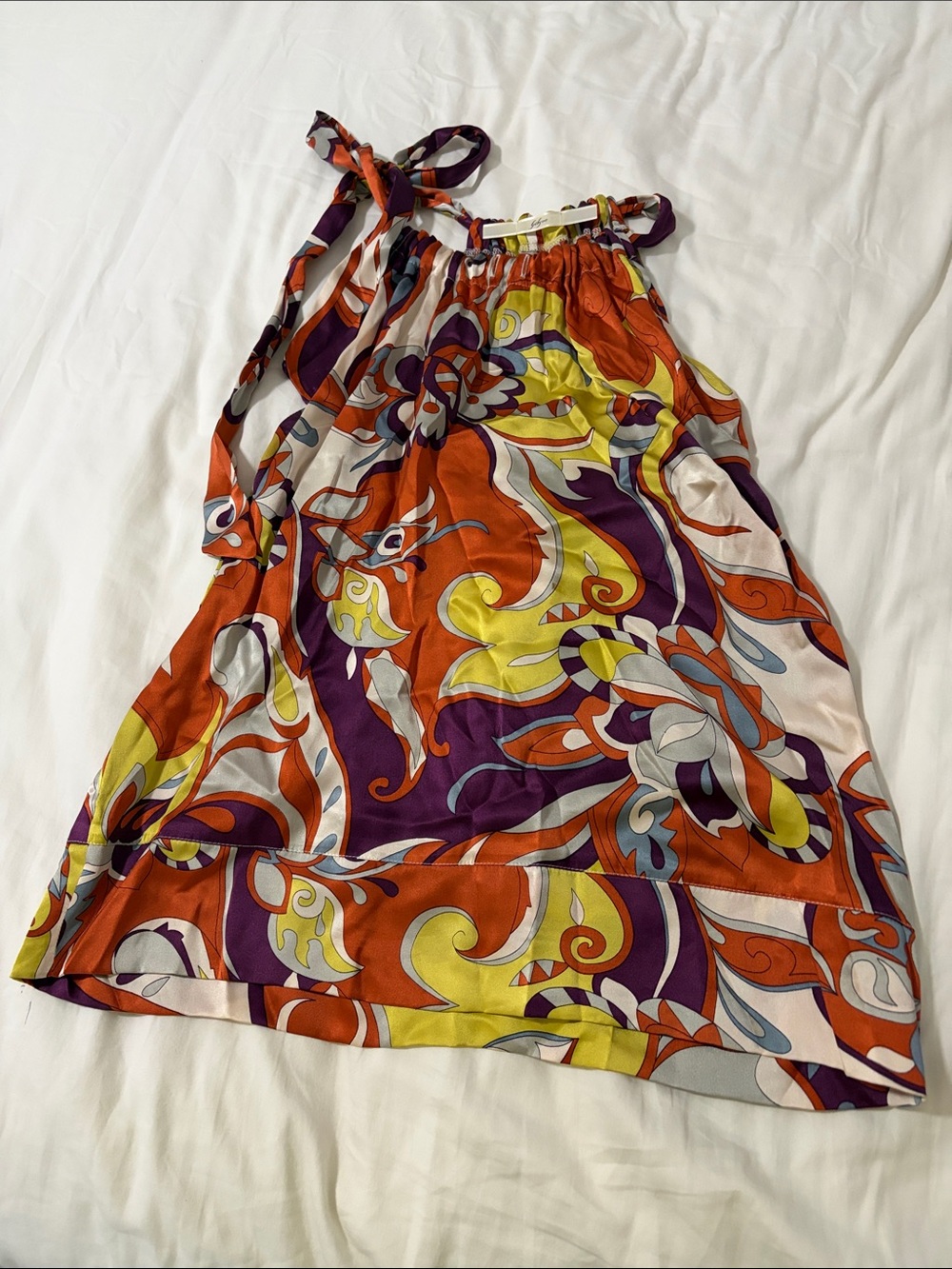 Gibson 100% Silk Purple, Orange & Green Halter Top